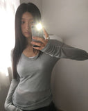 Linu Rib V-neck See-through Long Sleeve T-Shirt