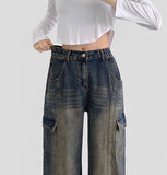 Cargo Pocket Washing Cut Line Wide Fit Denim Pants