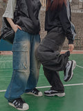 Poten Big Pocket Oil Washing Cargo Denim Pants