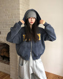 Navy Lettering Brushed Washing Hood Zip-Up