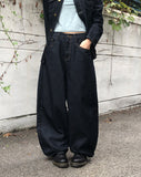 DB Studded Chin Pocket Balloon Fit Wide Denim Long Pants