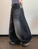 [unisex] Balon Lettering Washing Denim Black Blue Balloon Wide Pants