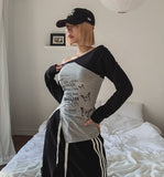 Butterful Lettering Unbalanced Off-Shoulder Long Sleeve