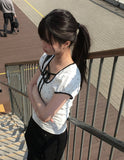 Demin Flower Ribbon Puff Short Sleeve T-Shirt