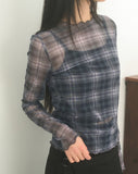 Niron Layered See-Through Check Long Sleeve T-Shirt