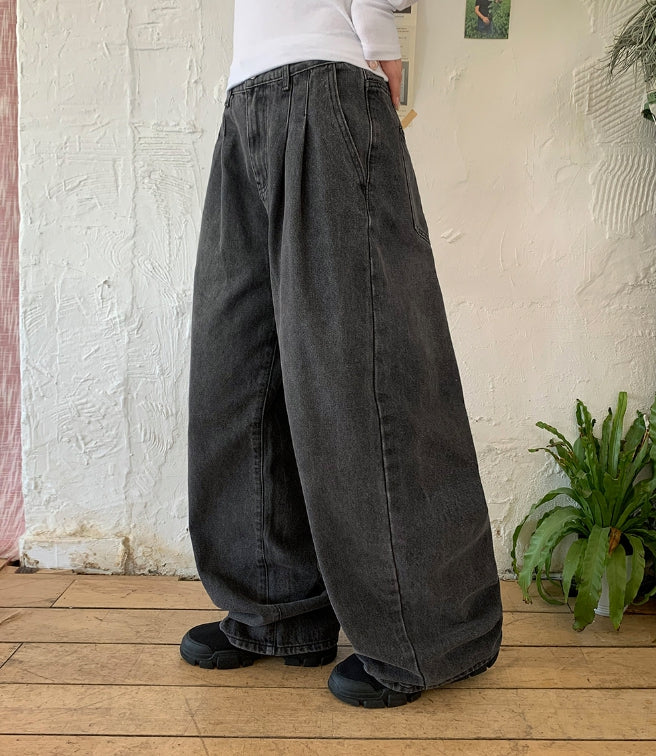 【BAON】[unisex] Laryuki Pintuck Denim Wide Pants BAON (バオン) - [男女兼用]ラリュキピンタックデニムワイド