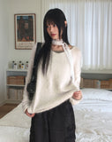 Fling Soft Angora Roll V-neck Long Sleeve Knit