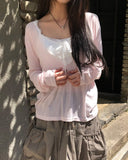 Tenver V-Neck Lace Long Sleeve T-Shirt