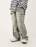 Multi cargo hem snap button heavy denim pants