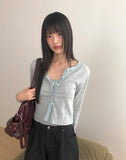 Sera Shirring Lace Ribbon Crop Long Sleeve Sleeveless Cardigan Set