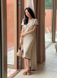 [Knit Two-Piece] Cel Openwork Collar Color Matching Knit Long Skirt