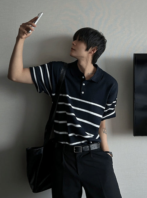 【COSYHARU】V-in stripe button collar short sleeve knit COSYHARU (コシハル) - Vインストライプボタンカラー半袖ニット