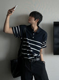 V-in stripe button collar short sleeve knit