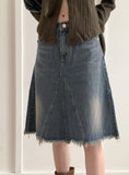 Barmmet Vintage Washing Slit Half-Length Midi Denim Skirt