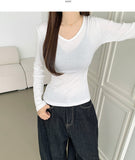 V-neck Side Shirring Point Daily Slim Fit Long Sleeve T-shirt