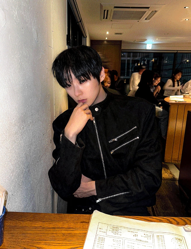 【COSYHARU】Double Zipper Tweed Suede Biker Jacket Crop ver COSYHARU (コシハル) - ザツビーダブルジッパーツイードスエード