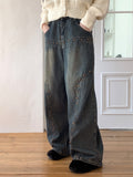 Fector Western Stud Embroidery Washing Long Wide Denim Pants