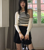 [SET] Zpin Stripe Sleeveless Cable Bolero Cardigan Set