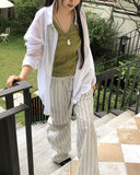 Satin Linen Stripe Wide Banding Long Pants