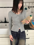 Toss Ribbed Color Matching Round Crop Long Sleeve Cardigan