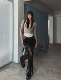 Ash Ribbed Deep Button Layered Long Sleeves