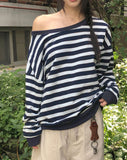 Hanky Stripe One Off Shoulder Overfit Long Sleeve Sweatshirt