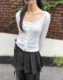 Giru Ribbon Lace Punching Long-Sleeve Cardigan