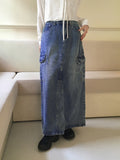 Pluck cut cargo pocket back band slit denim long skirt