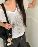 Chuking Cross Stud See-Through V-Neck Short Sleeve T-Shirt