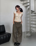 Dot Ribbon Shirring Puff Off-Shoulder Short Sleeve