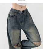 Destroyed Jeans Pleated Side Pin Tuck Balloon Wide Fit Pants