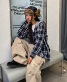 Leaf Hooded Layered Check Shirt