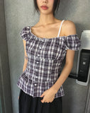 Benha Check Puff Frill Sleeveless Blouse