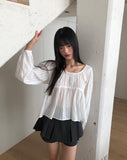 Gumi Striped Button Round Neck Blouse
