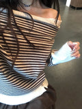 Boudin Stripe Loose Fit Off-Shoulder Button Knit
