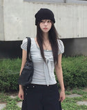 Asso Stripe Lace Puff Bolero Slim Short Sleeve T-Shirt