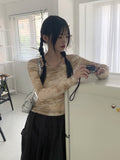 Lutz See-Through Tie-Dye Printing Shirring Mesh Long Sleeve Off-Shoulder T-Shirt