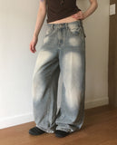 Binden side pin tuck back pocket wide denim pants