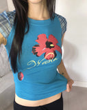 Harpin Flower Print Blue Short Sleeve T-Shirt