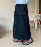 Metaca stitch pocket slit denim long skirt