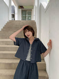 [BAONHAUS] Teltu Dot Raw Denim Hood Short Sleeve Blouse