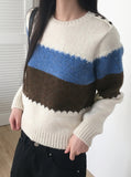Wool Stripe Color Matching Button Round Long Sleeve Knitwear