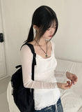 Petitron see-through ribbon strap long sleeve blouse