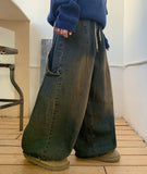 [unisex] Kotei banding string washing balloon wide denim pants