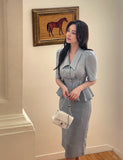 [Tweed set] Mishorin Peplum Tweed Collar Blouse Jacket Skirt
