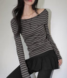 Edet Stripe Slim Off-Shoulder Long-Sleeved T-Shirt