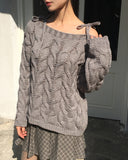 Unz Ribbon String Off-Shoulder Loose Fit Cable Knit