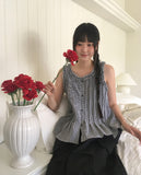 Mobe pin tuck check frill sleeveless blouse