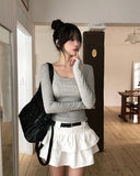 [U-BASIC] Marron Square Neck Slim Long Sleeve