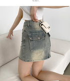 Hip-up Vintage Back Pocket Point Washing H-line Denim Skirt